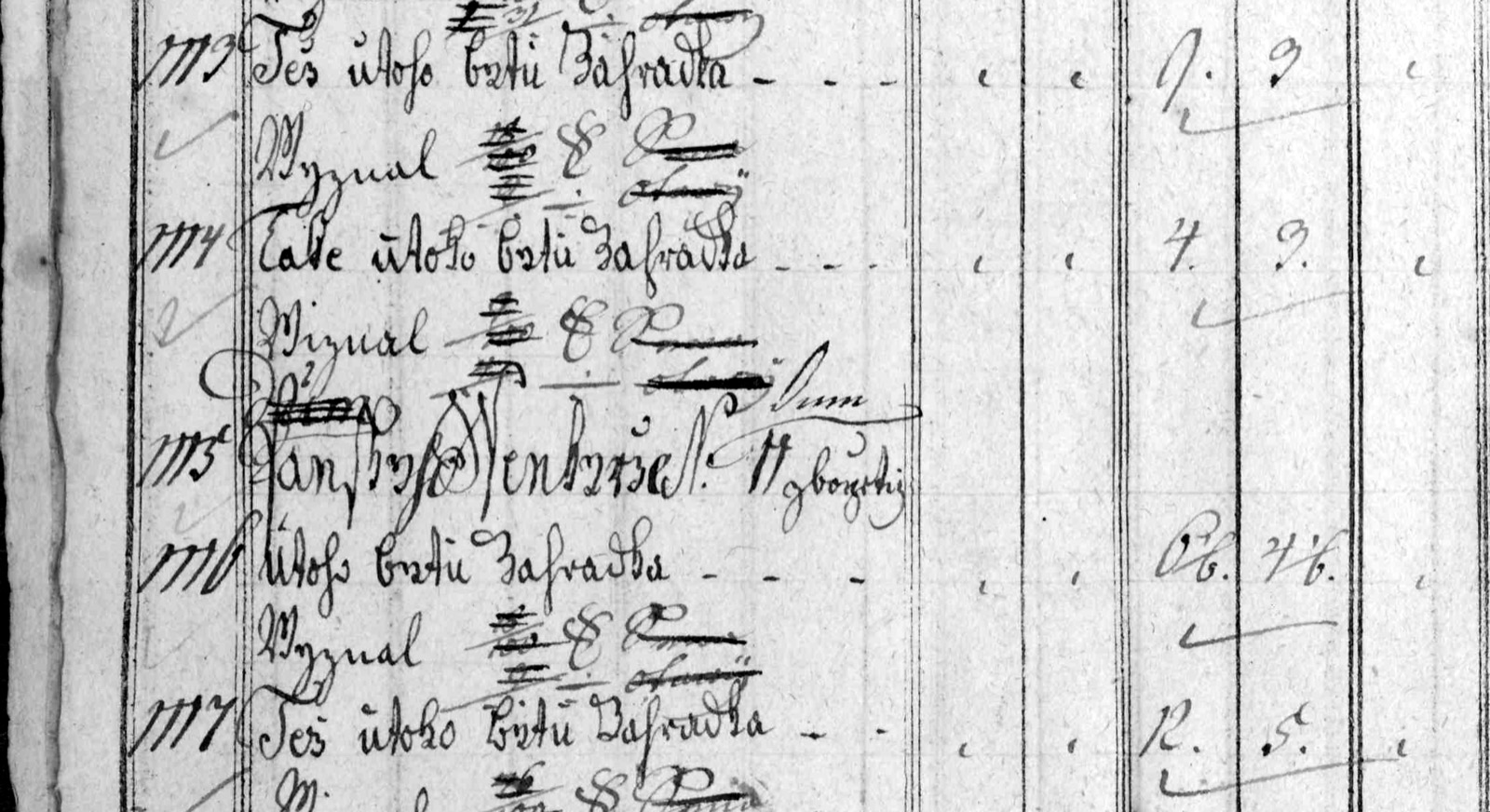 Výřez josefínského katastru se zápisem Panský dvůr N. 11 zahrádecký v souvislé domovní řadě