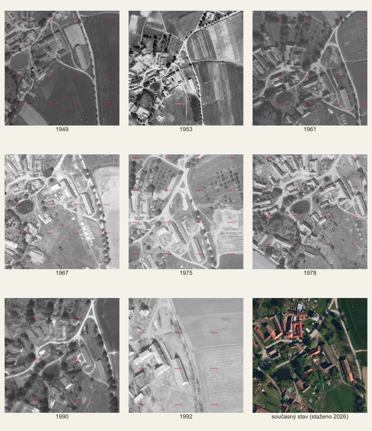 Devět leteckých snímků a ortofoto Zahrádky z let 1949 až 2026