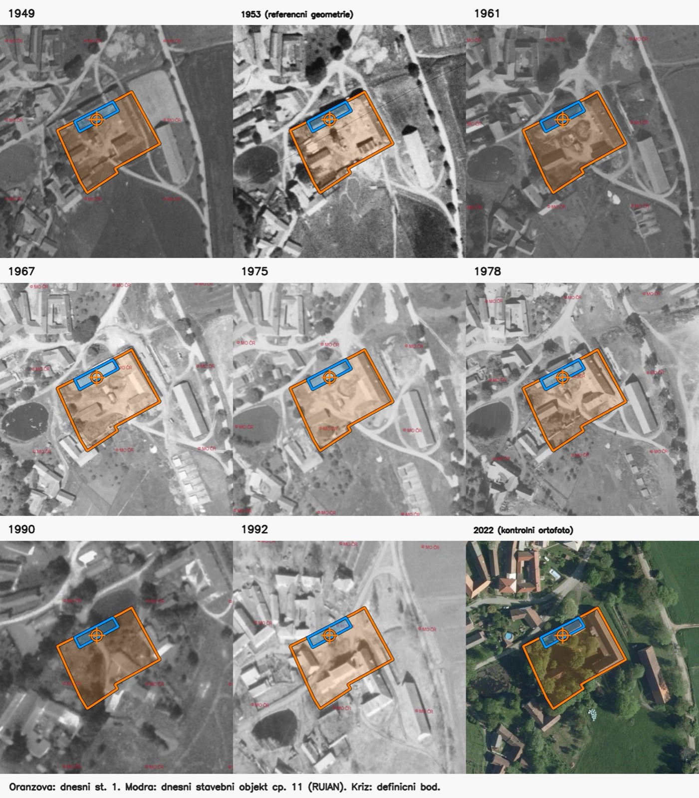 Výzkumně zarovnaná řada leteckých snímků 1949 až 2022 s vyznačenou hranicí st. 1 a objektem čp. 11