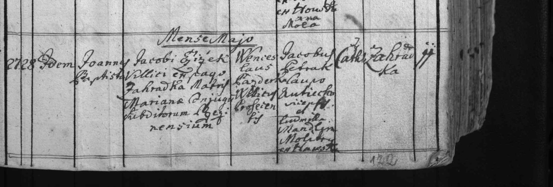 Matriční zápis z 27. a 28. května 1772: Jan Křtitel, syn šafáře Jakuba, Zahrádka číslo 11