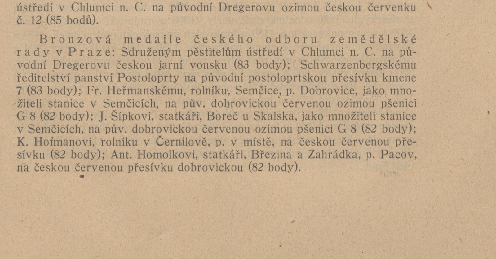 Výřez ze zprávy zemědělské rady: bronzová medaile Antonína Homolky za pšenici, 1923