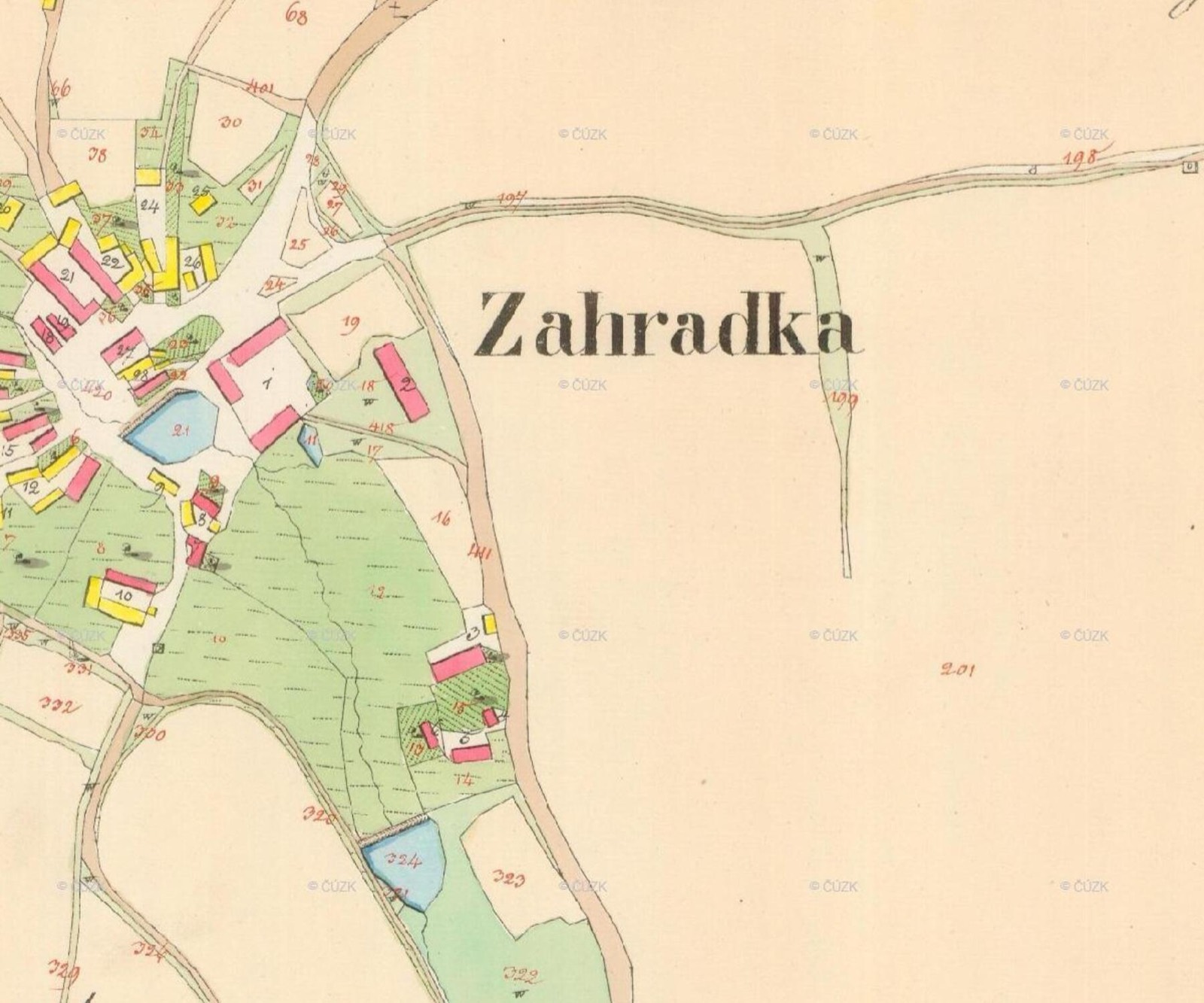 Výřez císařského otisku stabilního katastru z roku 1829 s vsí Zahrádka