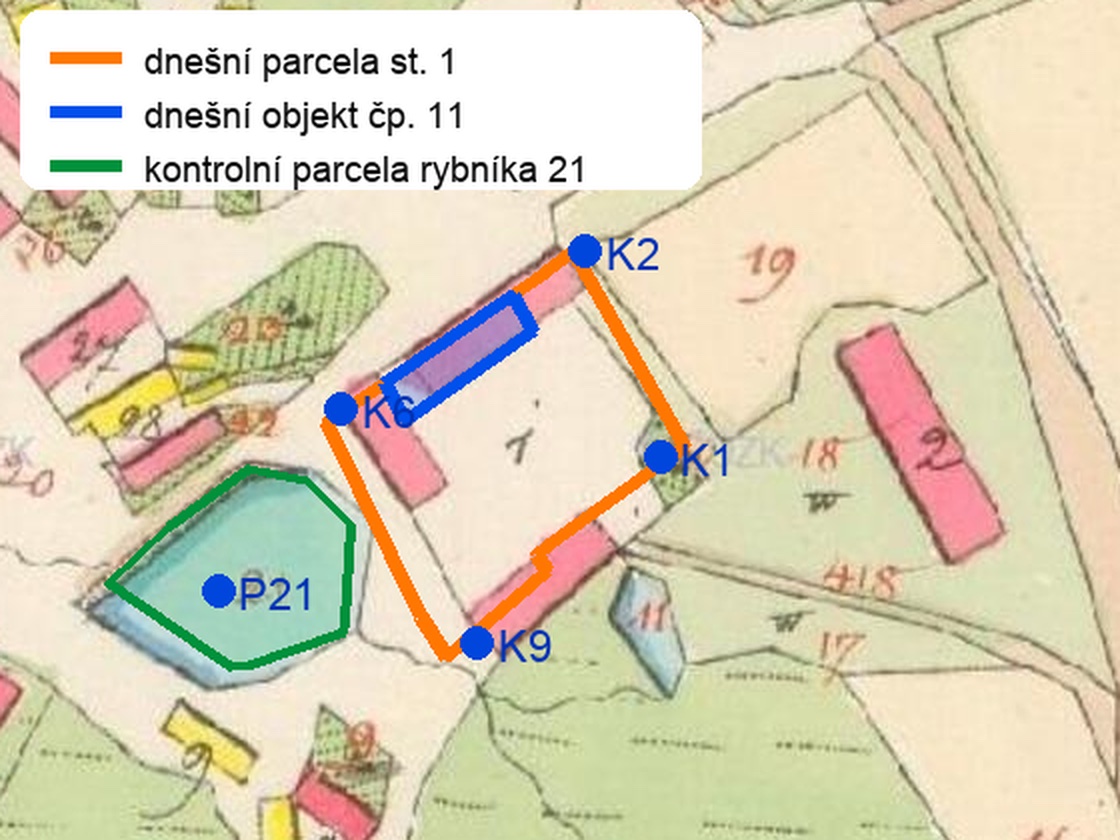 Překryv dnešní parcely st. 1 a objektu čp. 11 na císařském otisku 1829