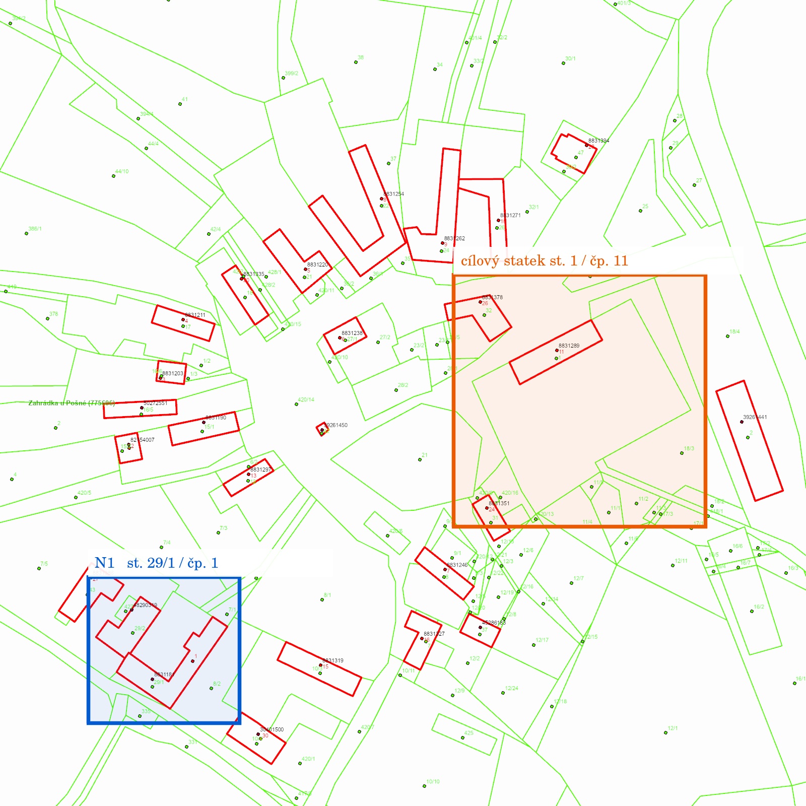 Aktuální mapa RÚIAN s vyznačenou parcelou st. 1 s čp. 11 a parcelou st. 29/1 s čp. 1