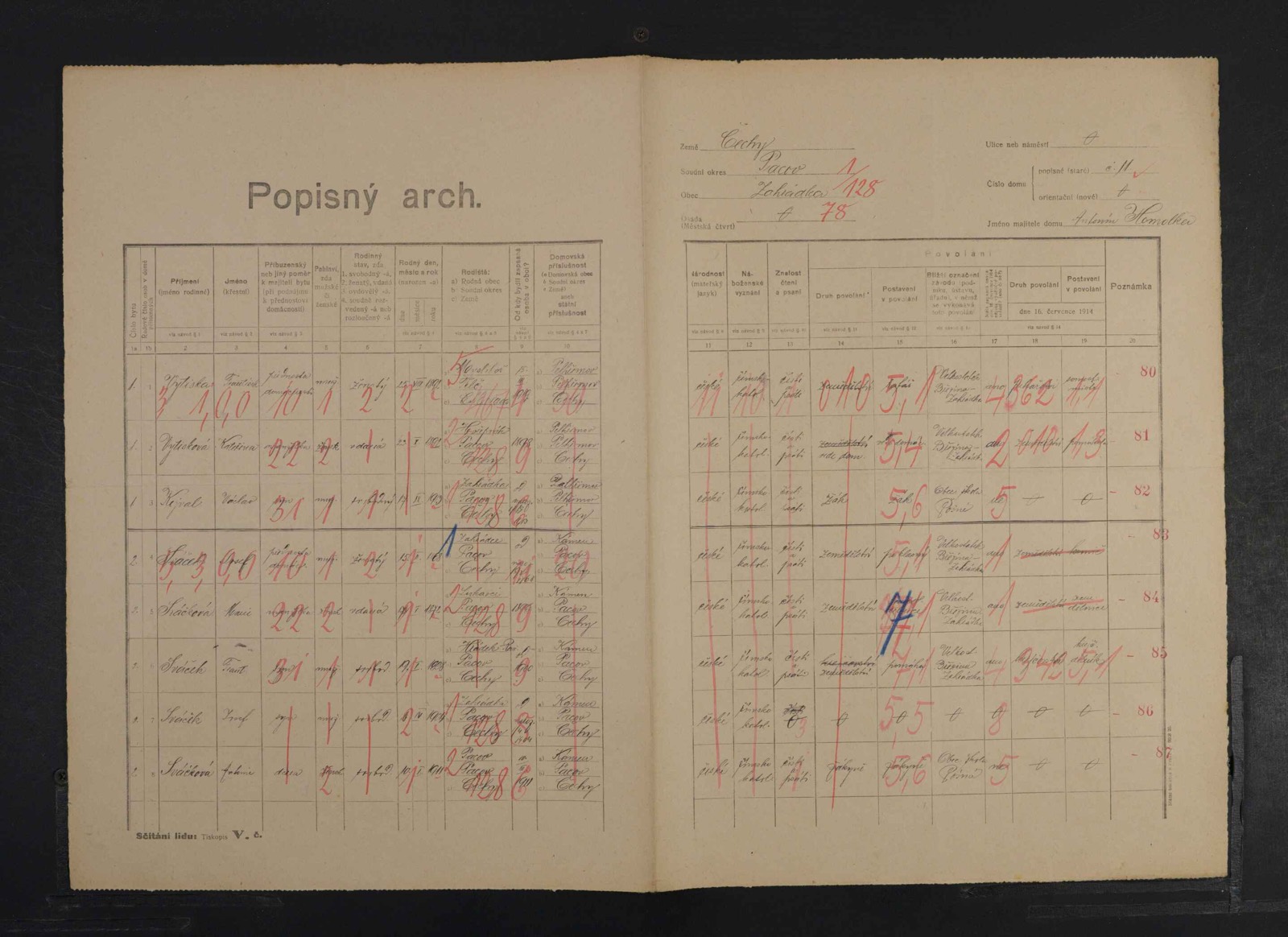 Líc sčítacího archu 1921 pro Zahrádku čp. 11 s osmi zapsanými osobami