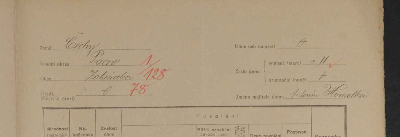Hlavička sčítacího archu 1921: obec Zahrádka, číslo domu 11, majitel Antonín Homolka