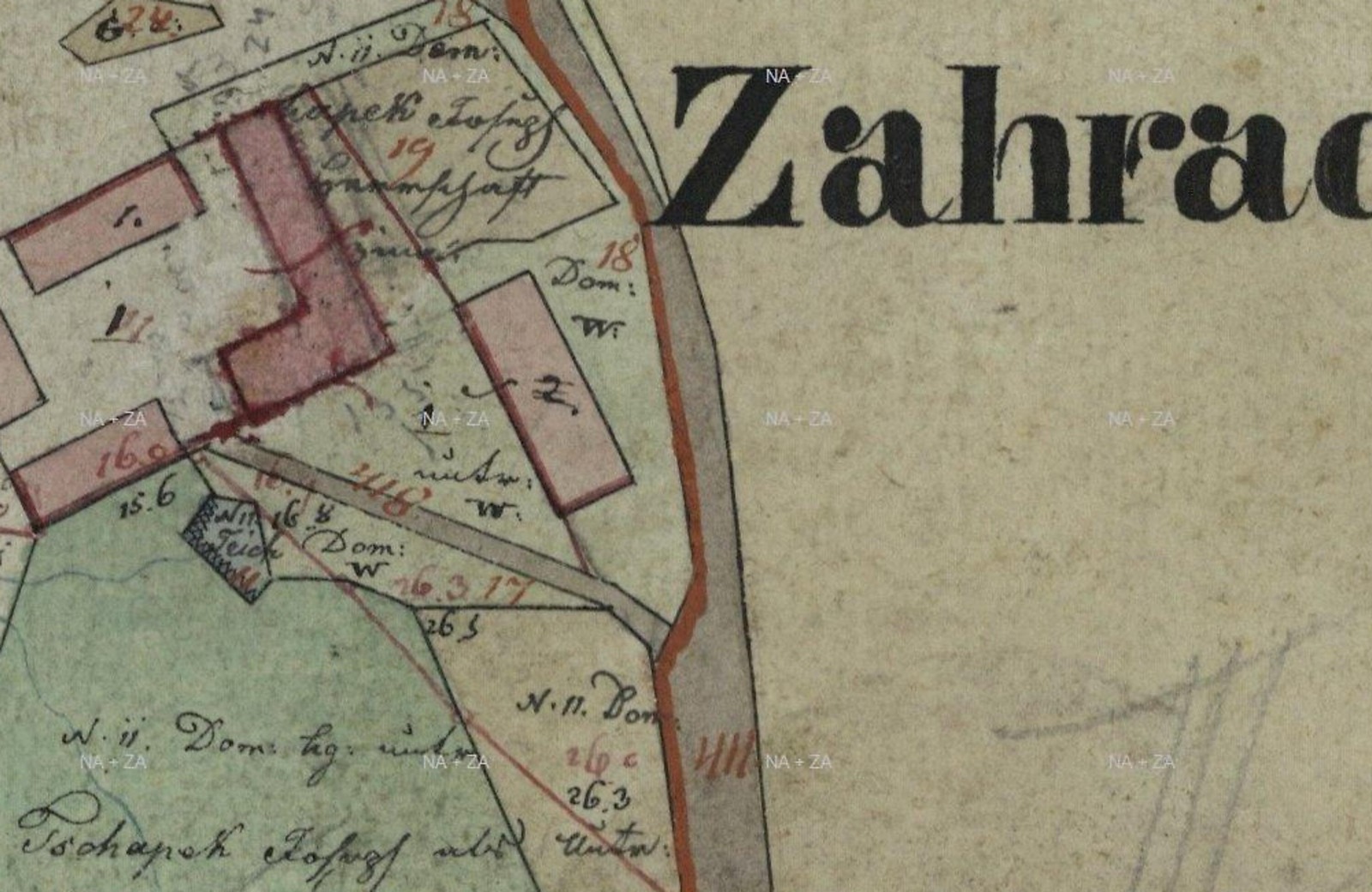 Výřez indikační skici z roku 1829 s přípisem N. 11. Dom. a jménem Čapek Joseph