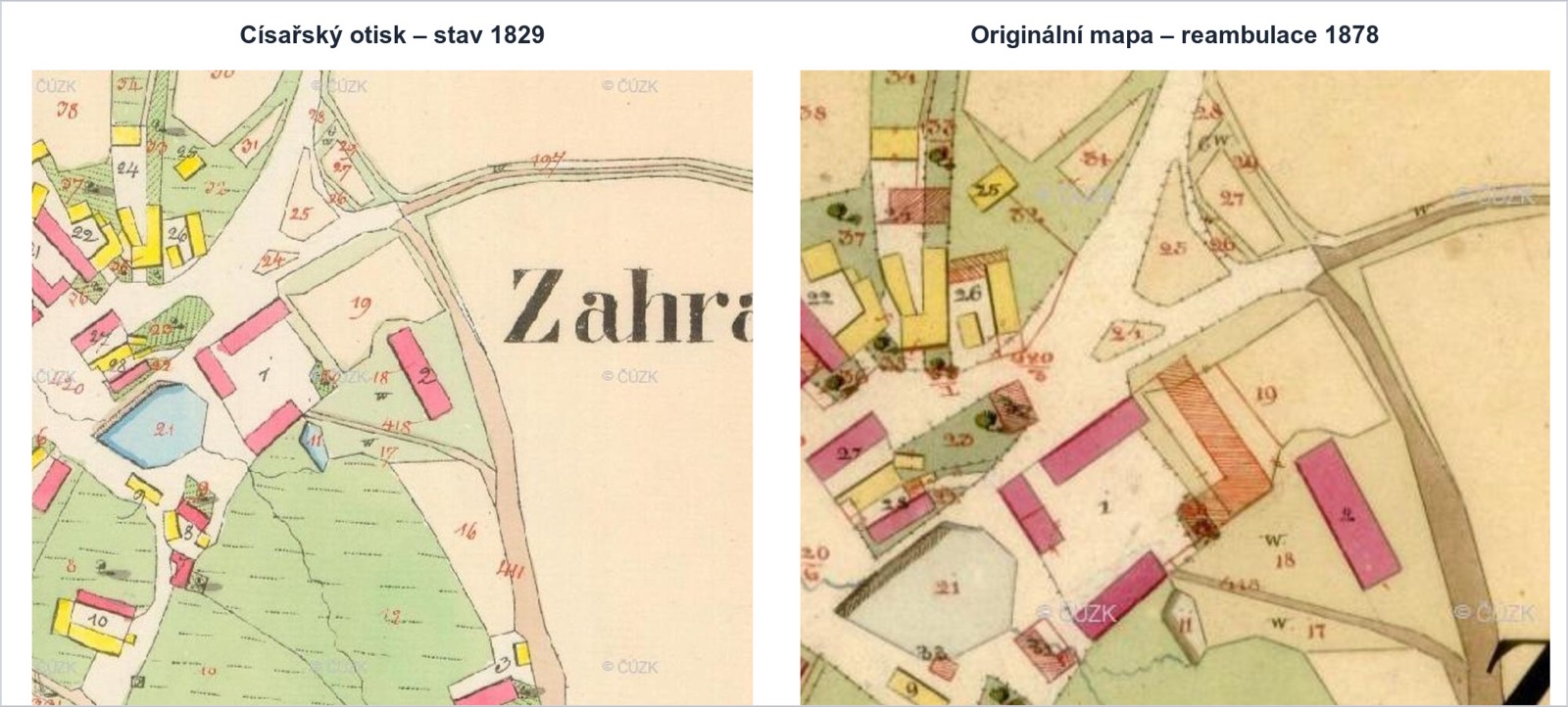 Císařský otisk 1829 vedle originální mapy stabilního katastru reambulované roku 1878