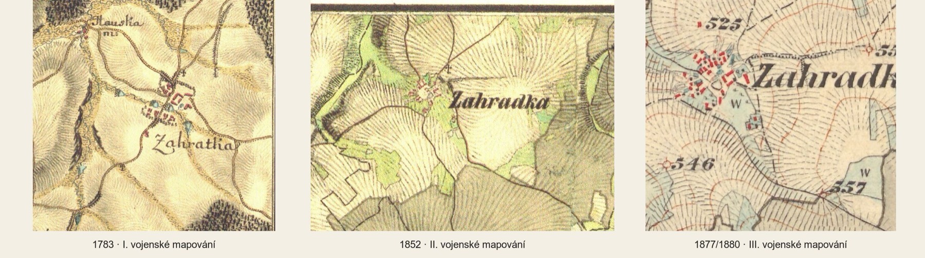 Tři výřezy vojenských mapování se Zahrádkou: 1783, 1852 a 1877 až 1880